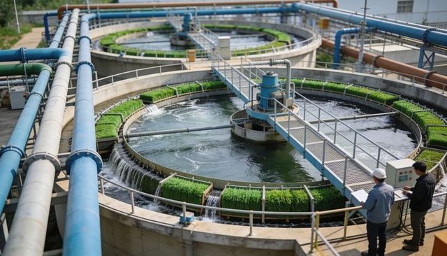 Technicians inspecting circular clarifiers at wastewater treatment plant with blue pipelines