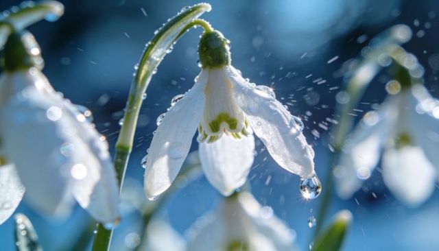 Glistening snowdrop capturing dew drops with sparkling bokeh and blue morning backlight