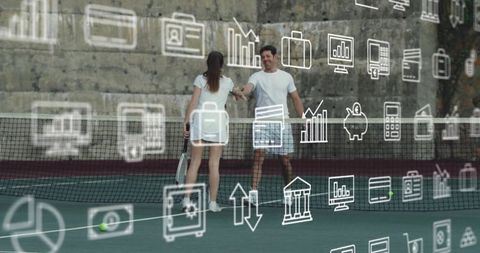 Tennis players shaking hands tennis court digital icons floating