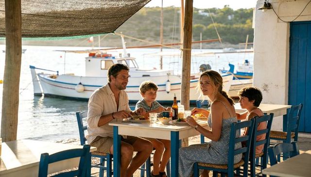 Family dining at seaside marina terrace with fishing boats, relaxed summer waterfront meal