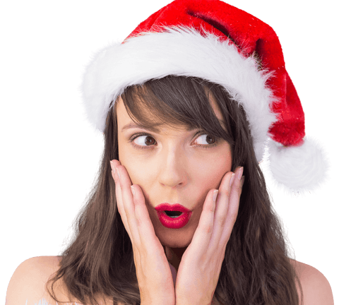 Surprised woman with santa hat on transparent background