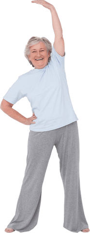 Senior Woman Stretching Effortlessly against Transparent Background