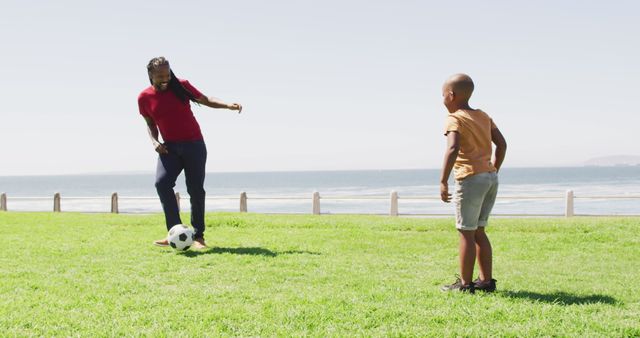 Father and Son Playing Soccer at Park with Ocean Background - Download Free Stock Images Pikwizard.com