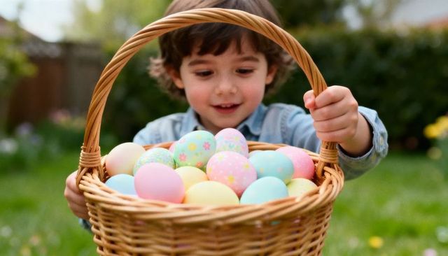 Curious preschooler holding wicker basket filled with pastel easter eggs in backyard