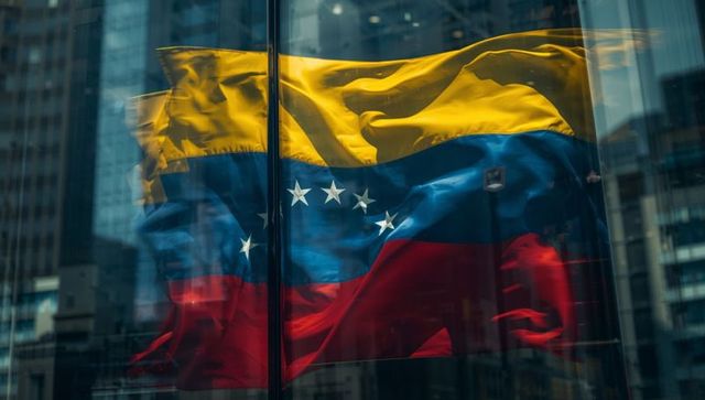 Venezuelan flag waving and reflecting on downtown skyscraper glass facade, vibrant tricolor motion