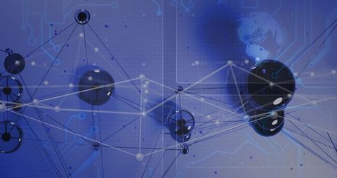 Futuristic digital network connecting glossy neural nodes with globe overlay and grid
