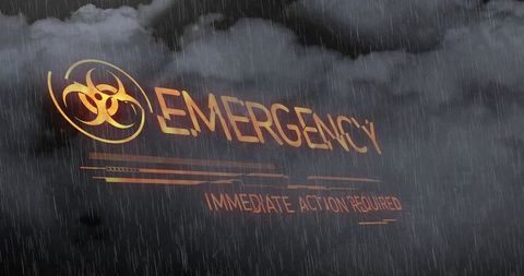 Glowing biohazard emergency warning over storm clouds and driving rain