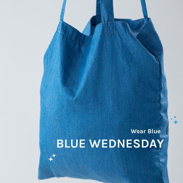 Composite of wear blue and blue wednesday text over blue grocery shopping bag, copy space. Mouth cancer, disease, healthcare, support, awareness, prevention, reusable and sustainable concept.