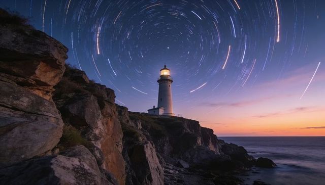 Lighthouse on rocky headland casting warm beacon under circular star trails at twilight