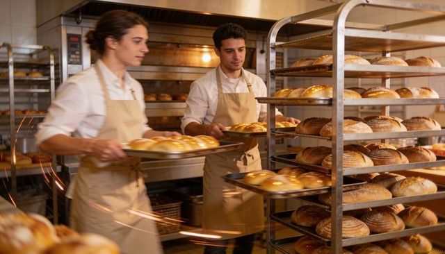 Bakers carrying fresh golden rolls on trays in busy artisan bakery kitchen