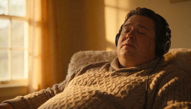 Relaxing man wearing headphones on plush armchair in sunlit room, cozy cable-knit sweater