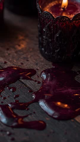 Burning Candle Dripping Crimson Wax on Rustic Wood Table | Vertical Moody Candlelight Video