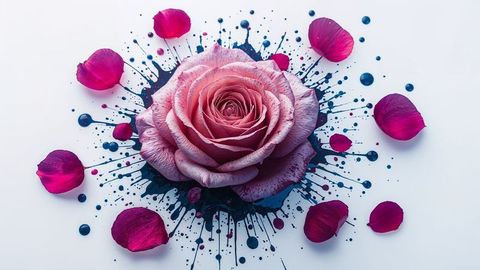 Pink rose with navy-blue splatter on white surface