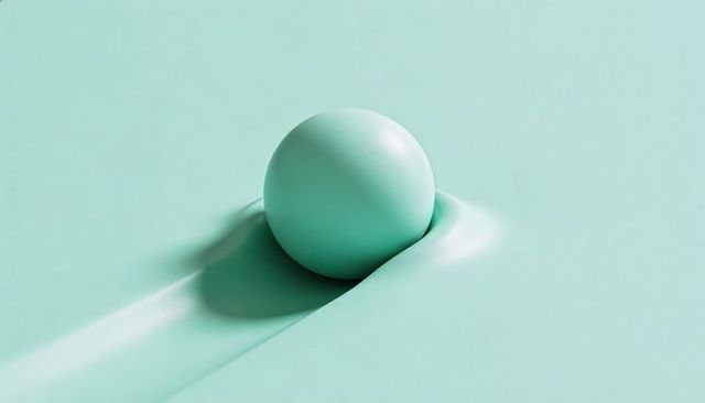 Matte Mint Sphere Pressing Into Smooth Sheet Casting Long Soft Shadow Minimal Abstract