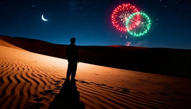Silhouetted man standing on desert dunes watching colorful fireworks beneath crescent moon