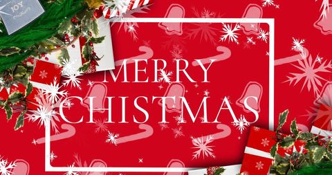 Festive Merry Christmas Text with Gifts and Snowflakes
