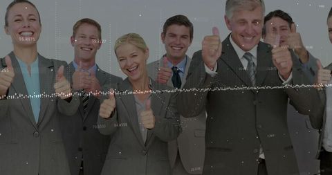 Corporate team giving thumbs up with data analytics overlay and waveform visualization