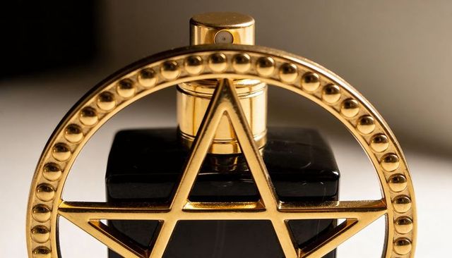 Featuring black glass perfume bottle with gold star medallion and ornate atomizer cap