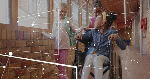 Diverse children in school hallway demonstrating inclusive friendship