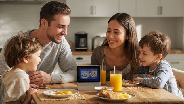 Family enjoying breakfast around smart display guiding healthy morning routine