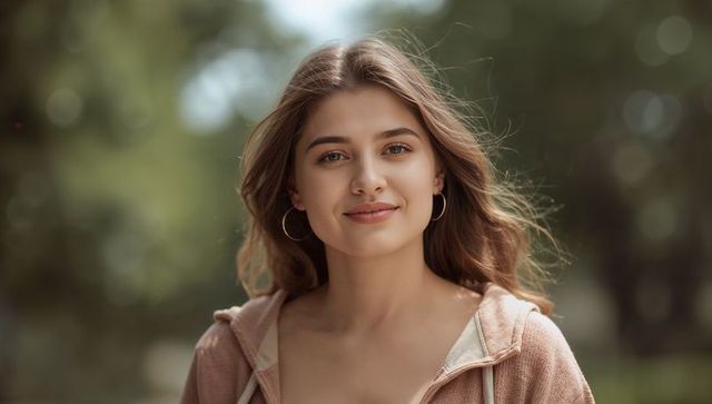 Smiling woman with wavy brown hair wearing hoodie and hoop earrings in sunlit park