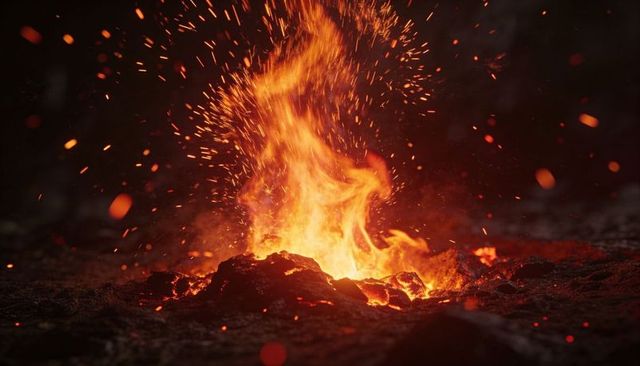 Crackling campfire flames and flying embers over charred coals at night