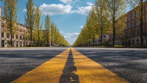 Low-angle double yellow lines leading toward horizon on tree-lined urban boulevard