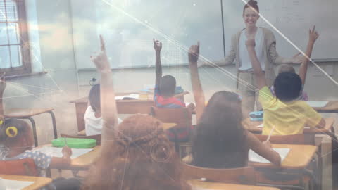 Teacher Engaging Diverse Classroom with Digital Overlay