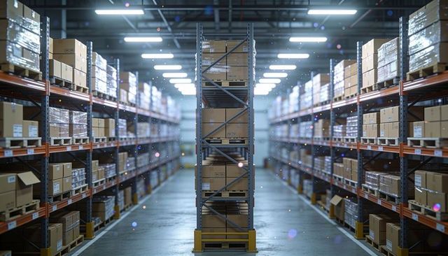 Central warehouse aisle showcasing pallet racking and stacked cardboard boxes for fulfillment