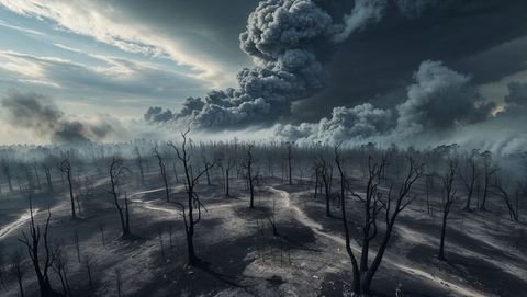 Apocalyptic Landscape with Burned Trees and Dense Smoke