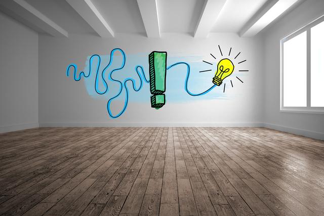 This image shows an empty room with a wooden floor and a white wall featuring a colorful graphic of a light bulb and an exclamation mark connected by a blue line. It can be used for illustrating concepts of creativity, innovation, and inspiration in presentations, websites, and marketing materials.