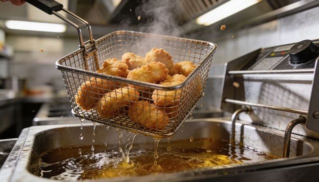Cook lifting basket of golden breaded nuggets from commercial deep fryer with oil dripping