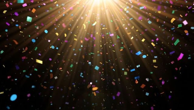 Colorful confetti with golden light beams celebrating festivities