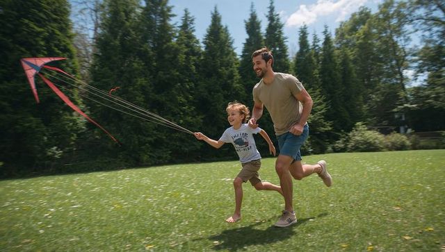 Father and son running together flying red kite on sunny park lawn