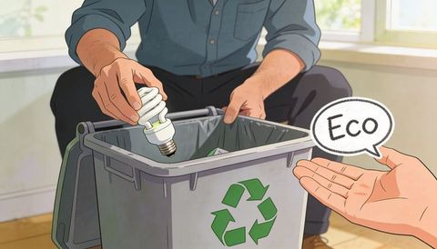 Man placing compact fluorescent bulb into recycling bin with eco speech bubble at home