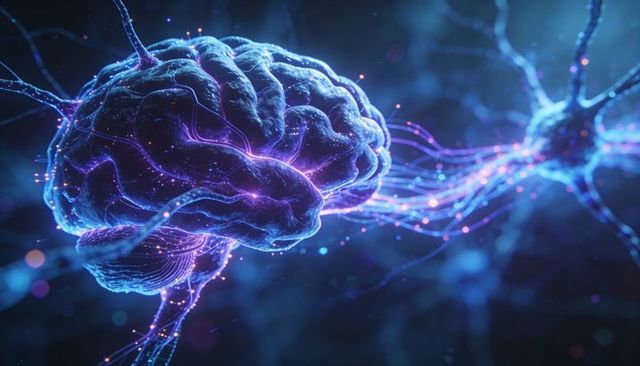 Neon Brain Network Connecting Glowing Neural Pathways with Synaptic Sparks and Data Flow