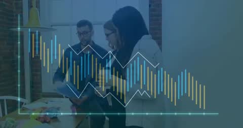 Team Analyzing Data with Waveform Overlay in Modern Office