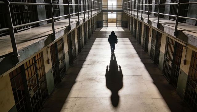 Hooded figure walking down prison cellblock corridor casting long shadow in dramatic light