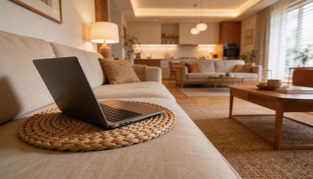 Slim gray laptop sitting on woven placemat on beige sofa in warm open-plan living room