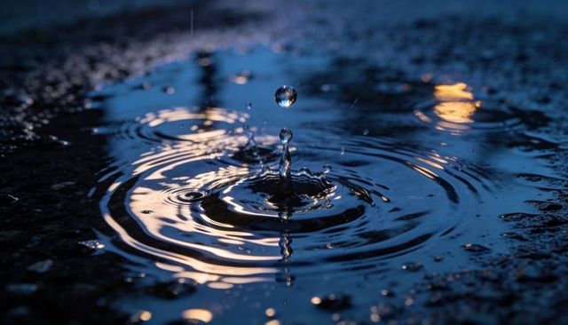 Midnight Water Droplet Splash on Wet Asphalt with Golden Reflections and Macro Ripples