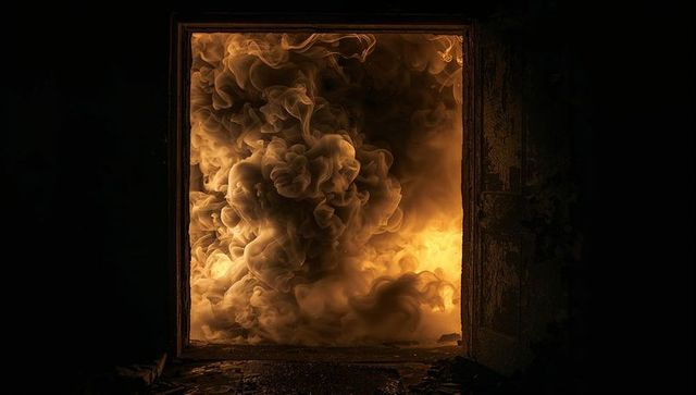 Doorway revealing fiery chaos with billowing smoke and flames