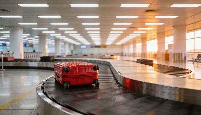 Red suitcase rolling on airport baggage carousel at sunset with warm terminal reflections