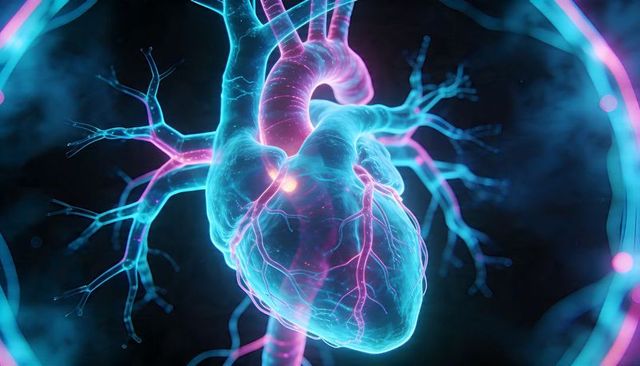 Pulsing Neon Heart Visualization Highlighting Coronary Arteries, Aorta and Glowing Nodes