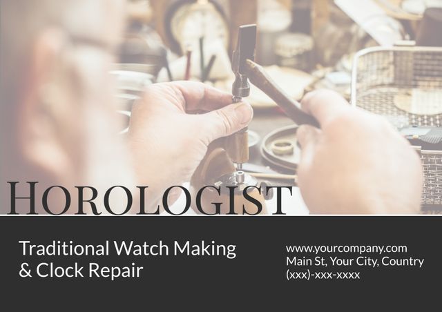 Expert horologist hands repairing a traditional watch, surrounded by precision tools in workshop. Ideal for promoting watchmaking courses, clock repair services, craftsmanship training programs, and art of horology events. Perfect for showcasing vintage mechanical skills and technical expertise. Suitable for advertisements, informational brochures, website banners, and social media campaigns targeted at watch enthusiasts and professionals seeking training.