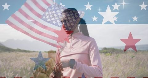 American Flag Overlay on Woman in Nature Promoting Patriotism