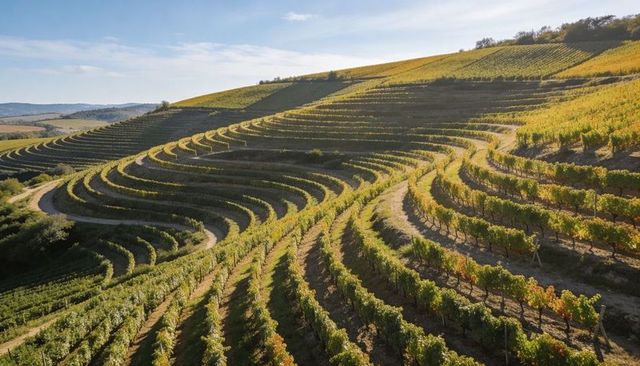 Sunlit terraced vineyard rows curving across rolling hillside for wine country branding