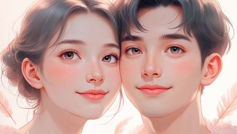 Ethereal cute couple with drifting feathers in studio session