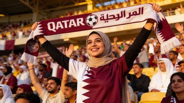 Joyful fan cheering with qatar scarf in stadium wearing hijab and maroon shirt