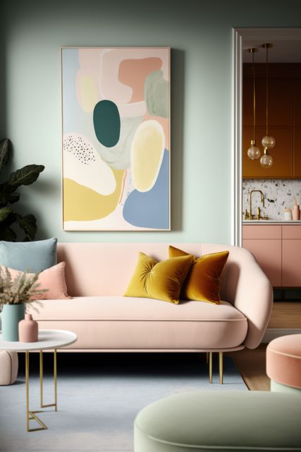 Peach retro sofa with cushions and pastel coloured painting, created using generative ai technology. Interior design, feminine, pastel colours vintage home decoration concept digitally generated image
