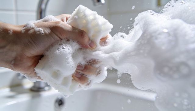 Adult hand squeezing soapy sponge creating foam burst over sink and chrome faucet